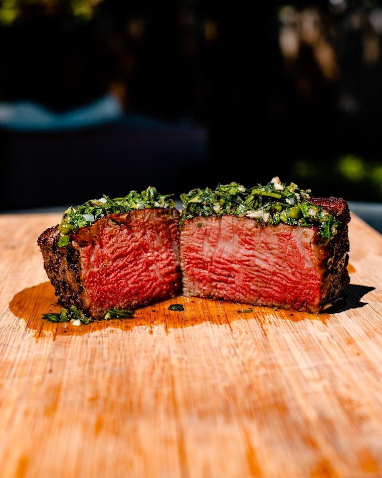 Holy Wagyu cut cross section with chimichurri