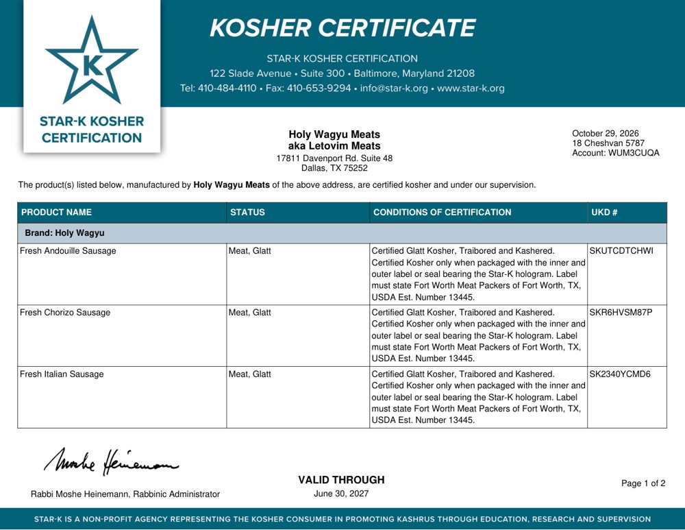STAR-K kosher certificate for Holy Wagyu Meats, page 1