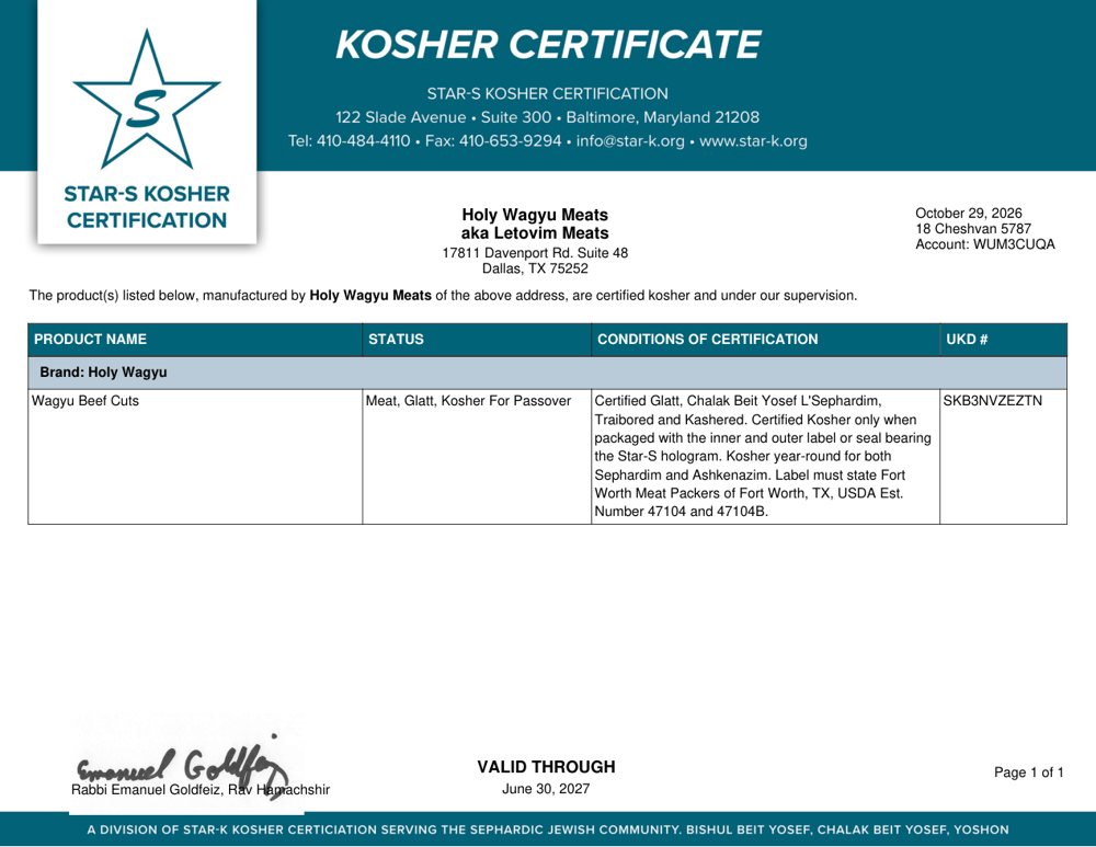 STAR-S kosher certificate for Holy Wagyu Meats