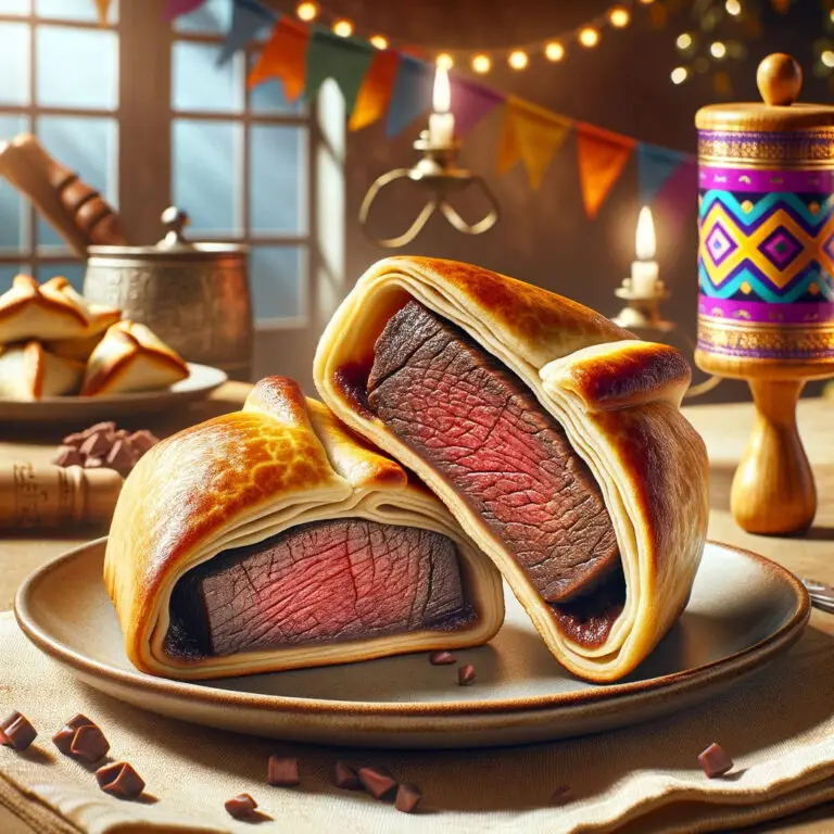 A natural and appetizing display of Wagyu Beef Hamantaschen on a plate, featuring golden-brown crusts with visible juicy Wagyu beef filling. The background includes festive Purim decorations like a colorful gragger and a Megillah scroll, creating a warm, homely, and celebratory atmosphere for Purim with a gourmet twist.
