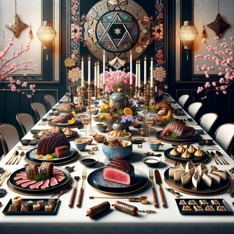 An elegant dining table set for a celebratory feast, blending Japanese and Jewish cultures. The table features luxurious Wagyu beef dishes, including a marbled steak, dumplings, and brisket, alongside Purim elements like Hamantaschen, a gragger, and a Megillah scroll. Decorations incorporate cherry blossoms and Star of David motifs, creating a festive and sophisticated atmosphere that celebrates the fusion of these rich traditions.