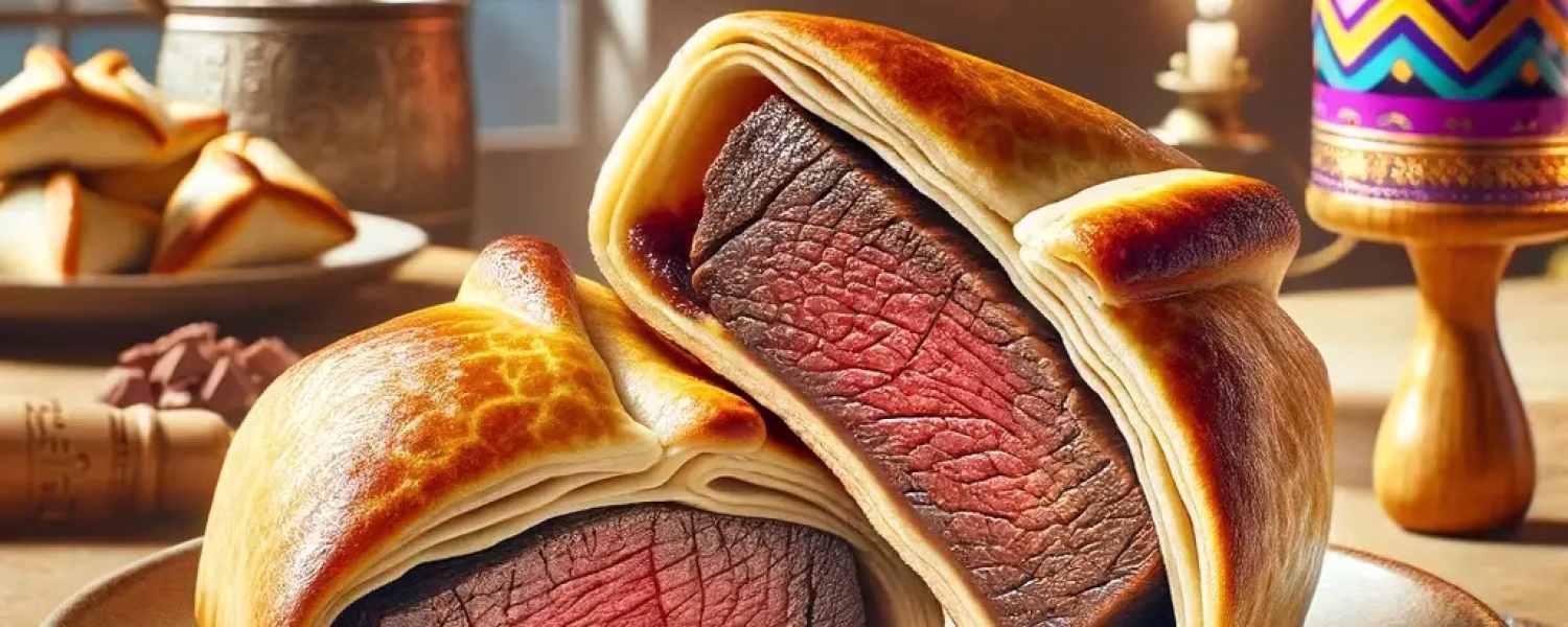A natural and appetizing display of Wagyu Beef Hamantaschen on a plate, featuring golden-brown crusts with visible juicy Wagyu beef filling. The background includes festive Purim decorations like a colorful gragger and a Megillah scroll, creating a warm, homely, and celebratory atmosphere for Purim with a gourmet twist.