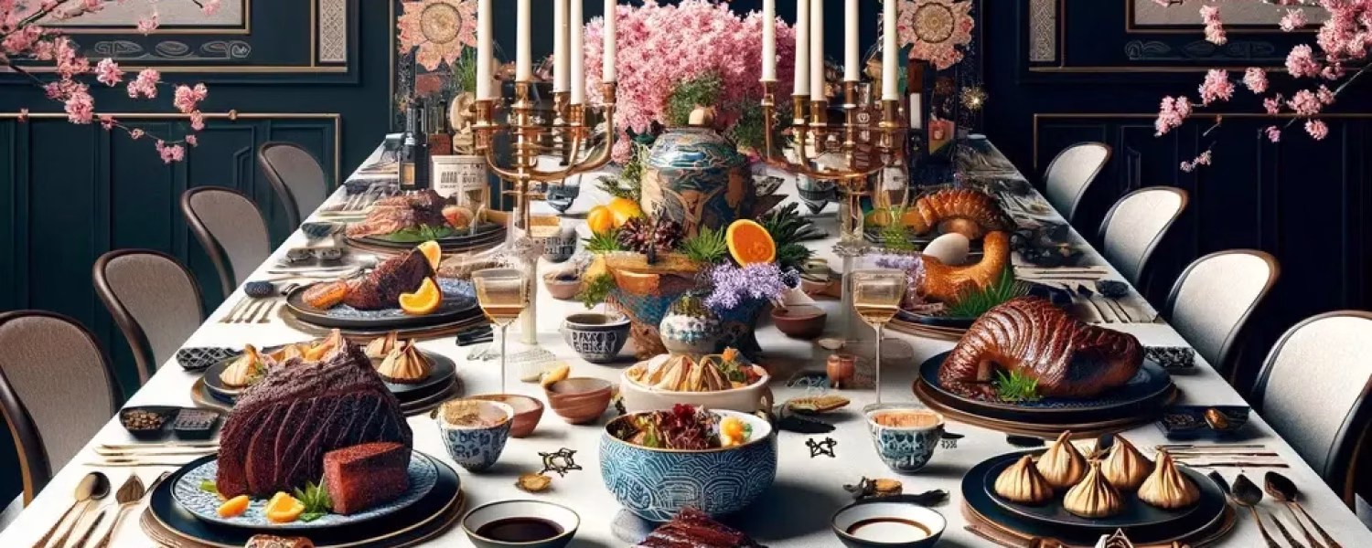 An elegant dining table set for a celebratory feast, blending Japanese and Jewish cultures. The table features luxurious Wagyu beef dishes, including a marbled steak, dumplings, and brisket, alongside Purim elements like Hamantaschen, a gragger, and a Megillah scroll. Decorations incorporate cherry blossoms and Star of David motifs, creating a festive and sophisticated atmosphere that celebrates the fusion of these rich traditions.